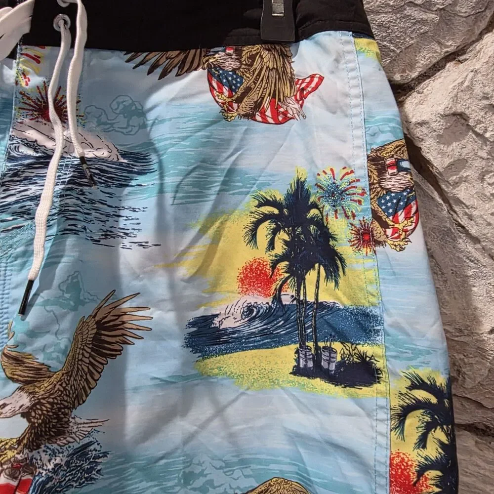 Quicksilver Swim Board Shorts Mens 34 American Flag July 4th USA Beer Eagle